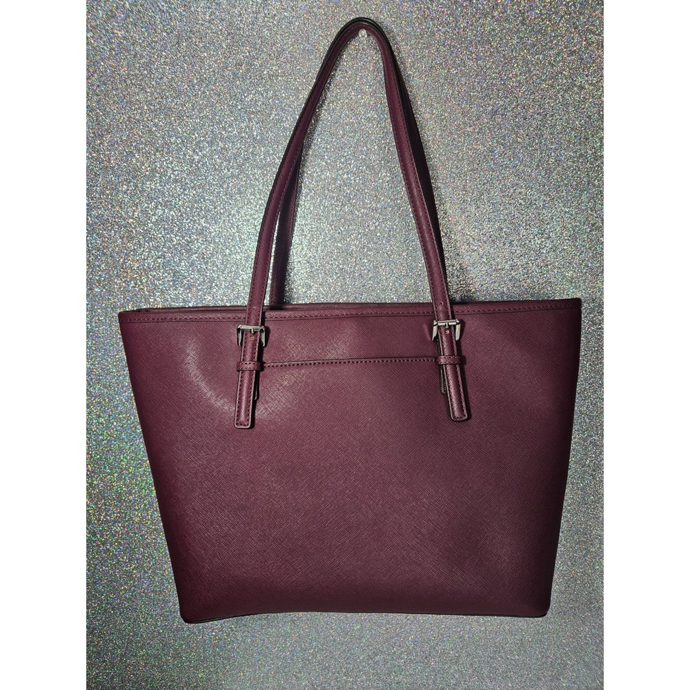MICHAEL KORS Jet Set Travel Plum Saffiano Leather MicroStud Tote Bag Burgundy - Picture 3 of 7